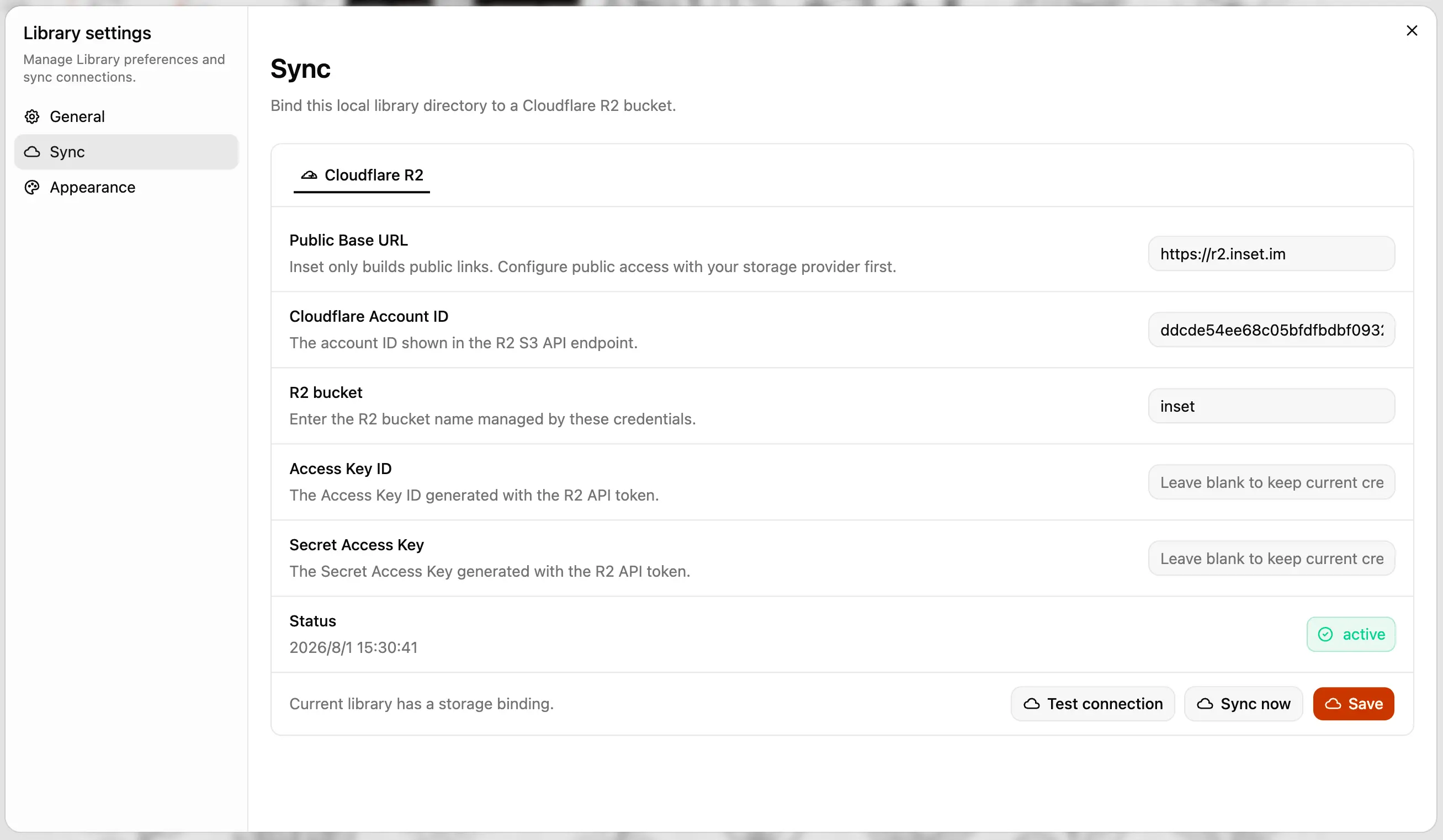 R2 sync settings, public domain, and binding status