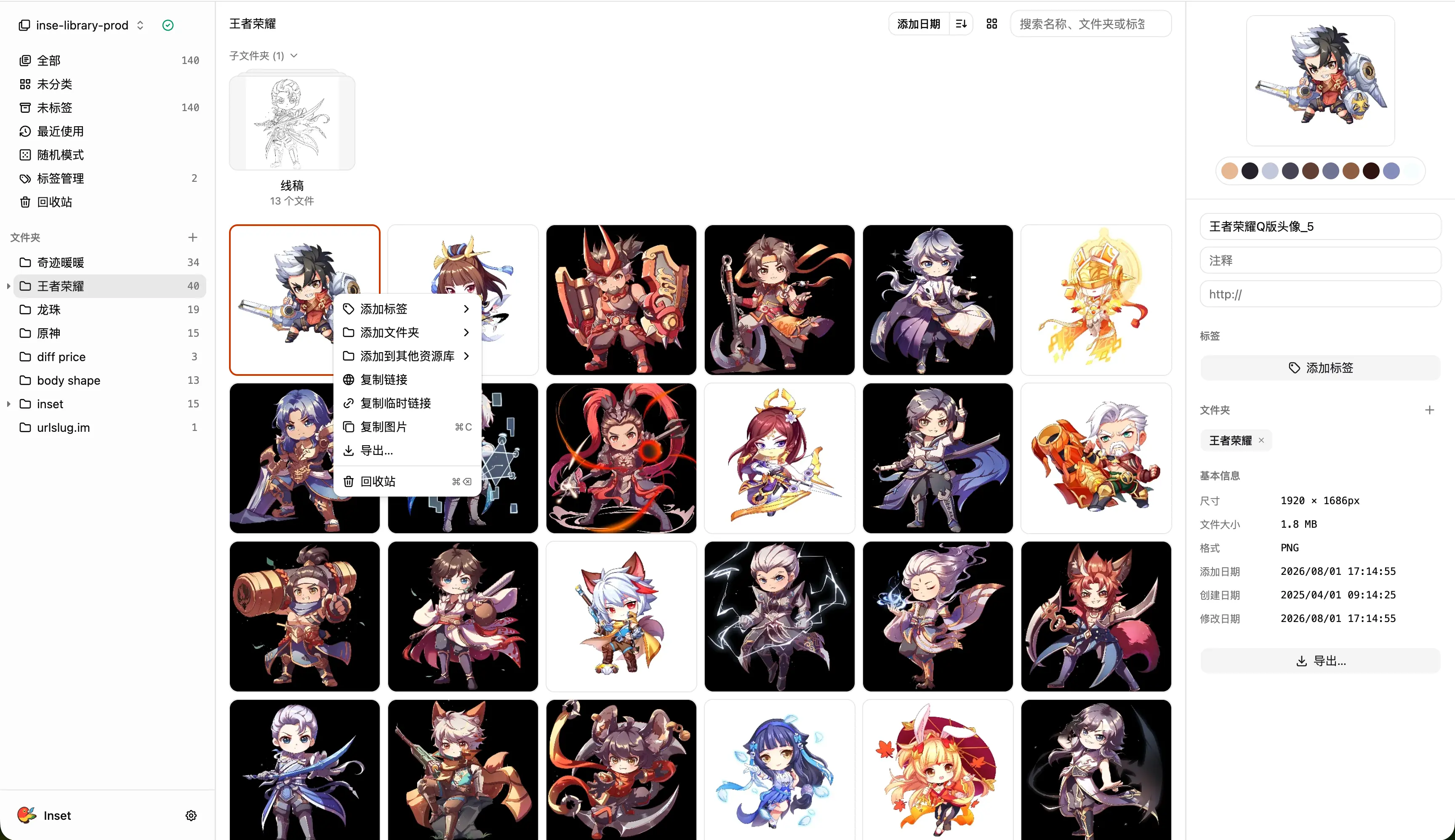 Inset asset library with organization and preview tools